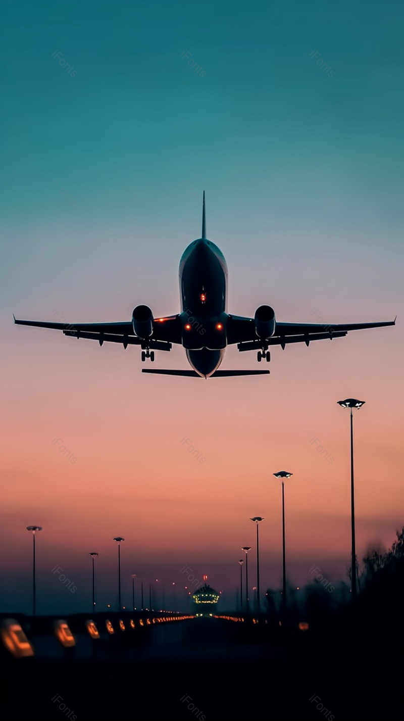 飞机降落跑道天空黄昏路灯柱机场摄影图,高清,摄影图,摄影图片,图片大全,摄影图免费下载